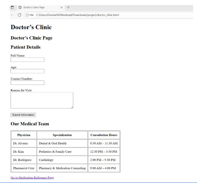 Doctor's Clinic Page Output